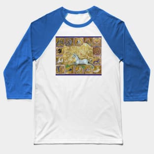 UNICORN AND MEDIEVAL BESTIARY, FANTASTIC ANIMALS IN GOLD RED BLUE COLORS Baseball T-Shirt